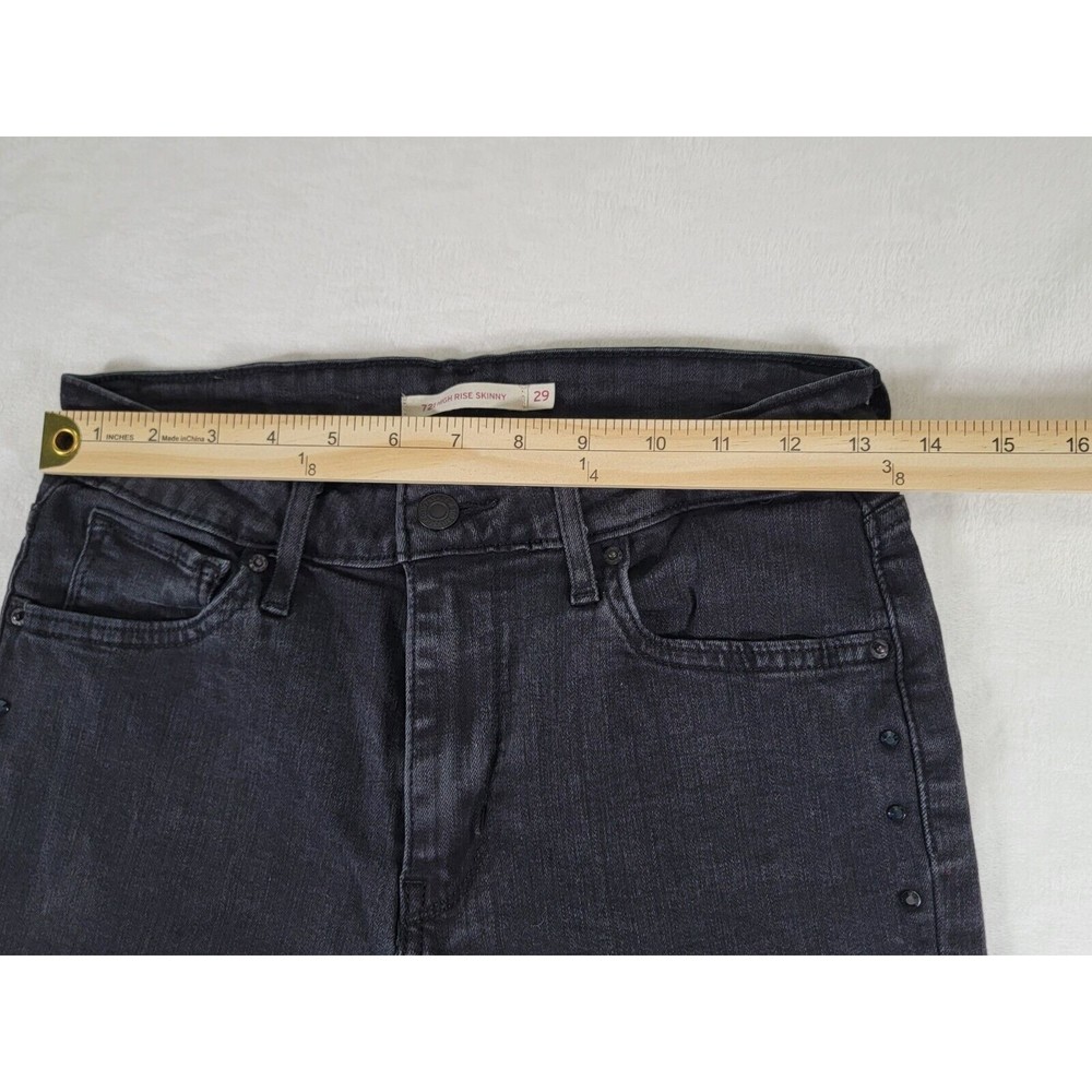 Levis 721 High Rise Skinny Stretch Jeans Size 29 Black Denim Rhinestone Stripe - Picture 9 of 16